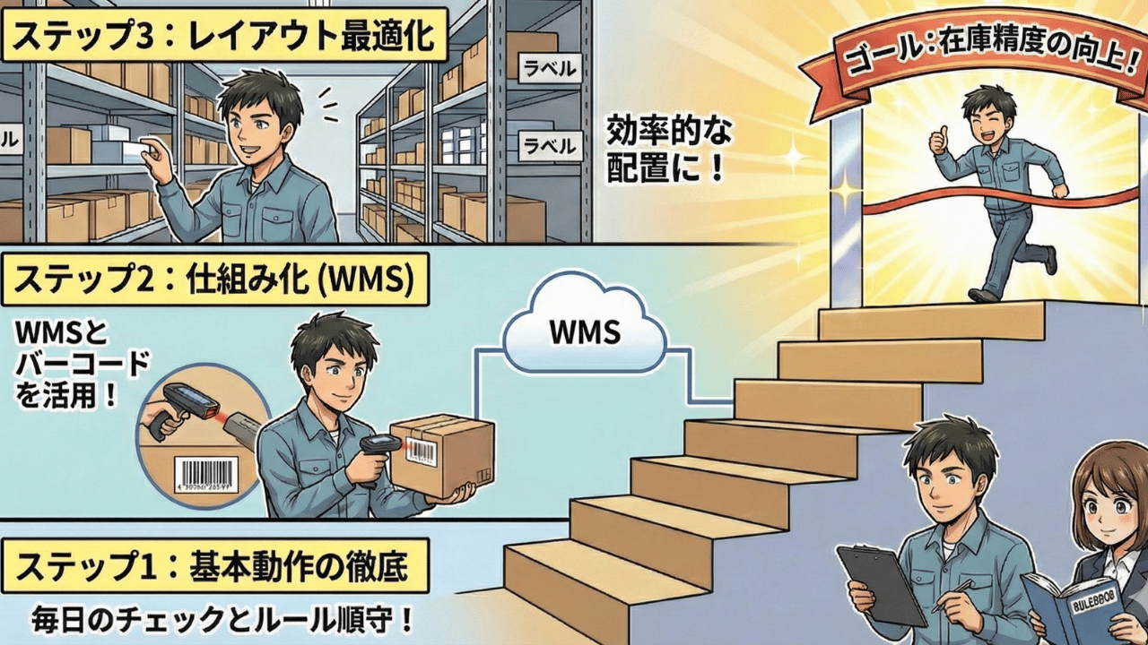 在庫精度を向上させる改善3ステップ：基本動作の徹底、WMSによるシステム化、倉庫レイアウト最適化