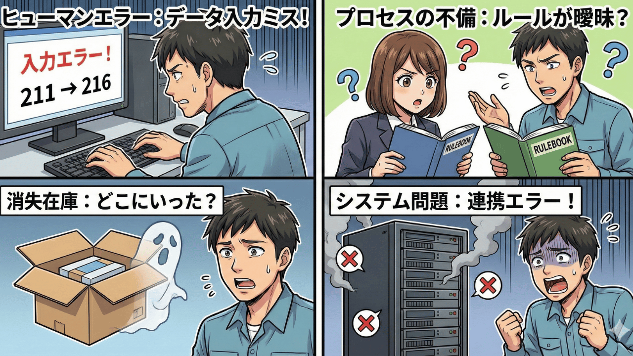 在庫差異が発生する4つの原因（人的ミス、業務プロセス不備、消失在庫、システム問題）