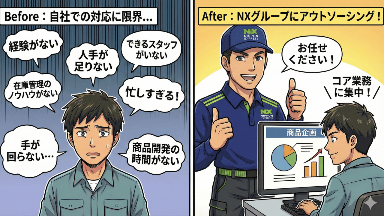 物流アウトソーシングでリソース不足を解消し、コア業務に集中するBefore・Afterマンガ（日本通運）