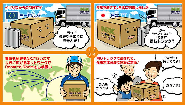 1.イギリスからの引越です 2.長旅を終えて、日本に到着しました 3.集荷も配達もNXが行います 4.同じトラックで運ばれて、荷物君は笑顔で家族と対面！